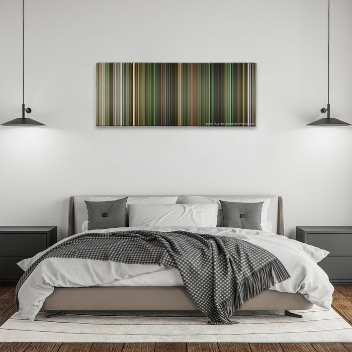 Dredd color palette canvas above a bed, between two black pendant lamps