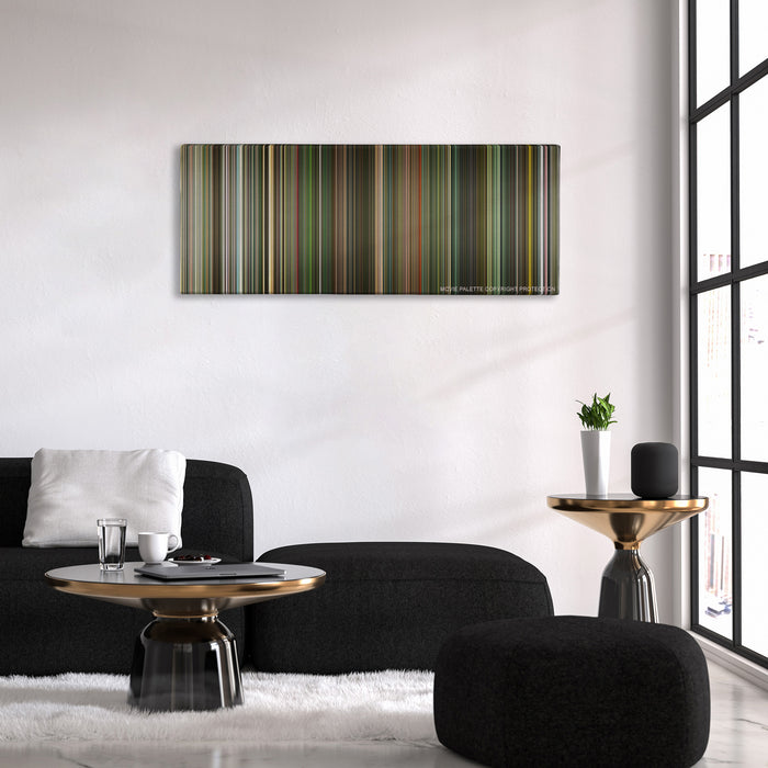 Dredd color palette canvas above a black sofa with a gold-topped table