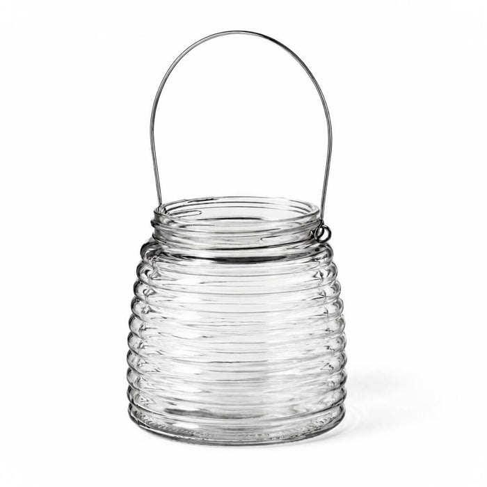 4.6" Hanging Horizontal Ribbed Glass Jar with Handle on a white background