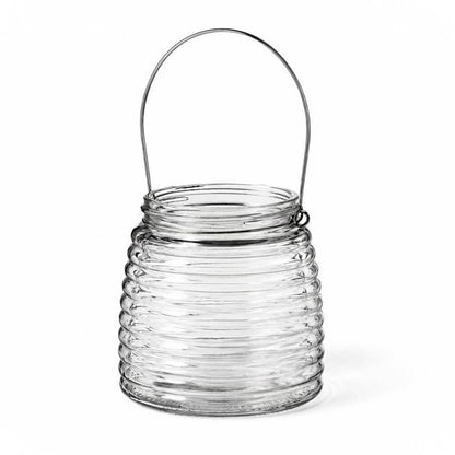 4.6" Hanging Horizontal Ribbed Glass Jar with Handle on a white background