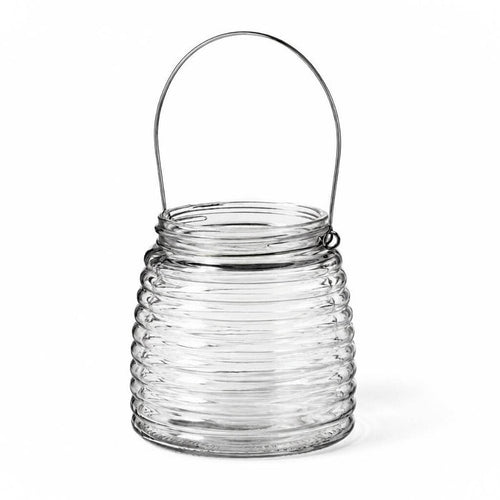 4.6" Hanging Horizontal Ribbed Glass Jar with Handle on a white background