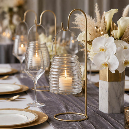 4.6" Hanging Horizontal Ribbed Glass Jar with Handle on a gold stand at a luxury gala tablescape