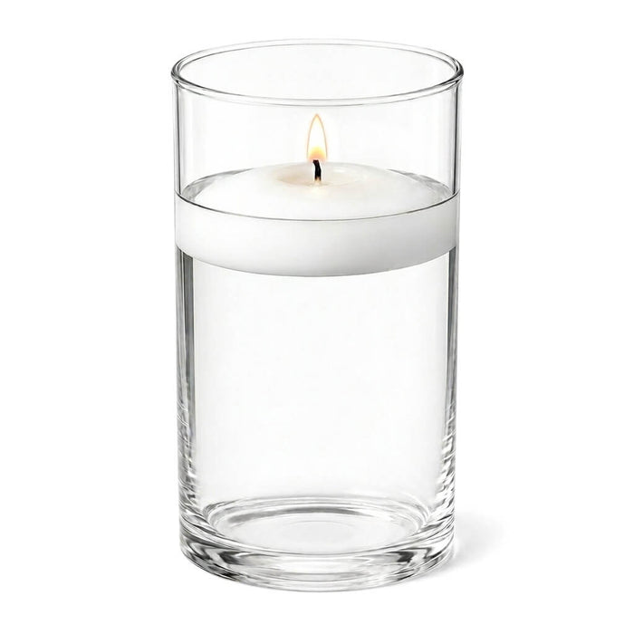 A 3.25"x6" clear glass cylinder holder containing a burning floating candle