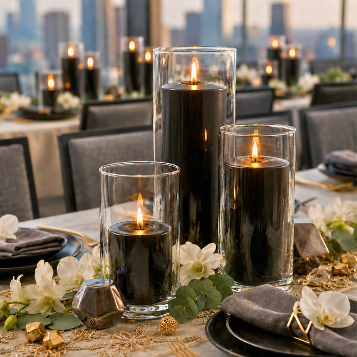 Cylinder Vases with black pillar candles on a table setting