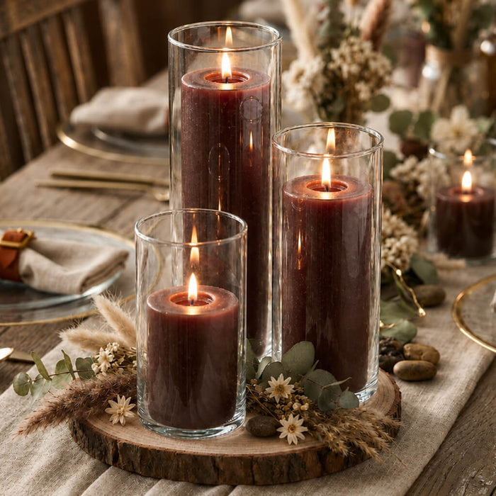 Dark red pillar candles in glass cylinder vases on a wood slice