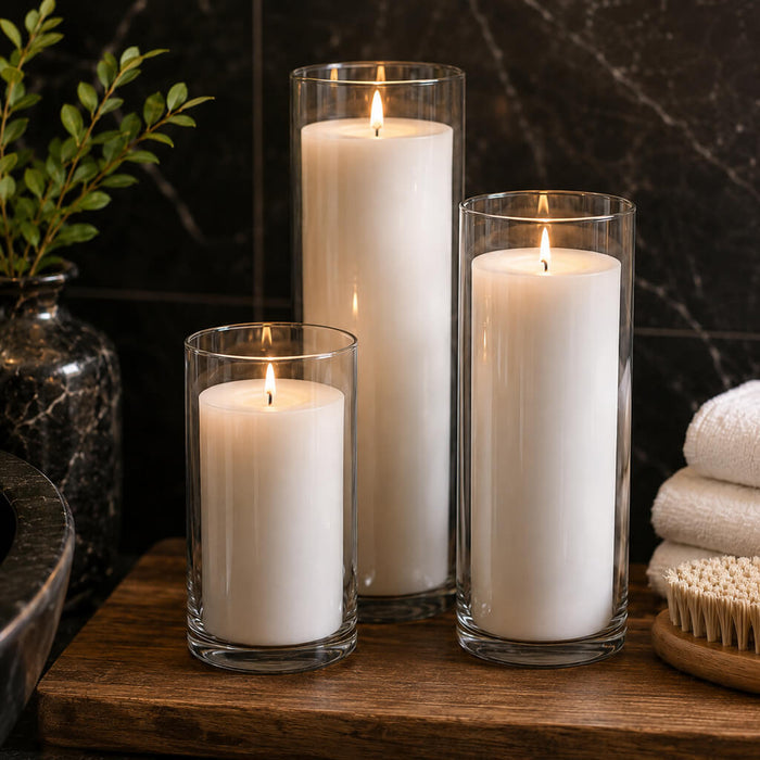 Three white pillar candles in glass cylinder vases on a wooden tray