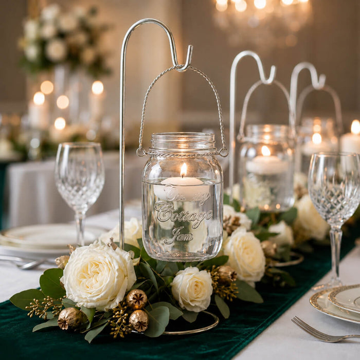 Upscale Small Mason Jar with Handle hanging over a luxury rose tablescape