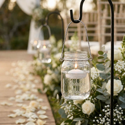 Upscale Small Mason Jar with Handle hanging at a wedding aisle