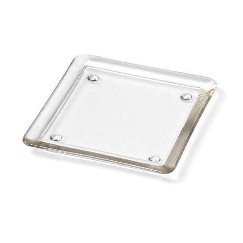 5" square glass pillar plate on a white backdrop