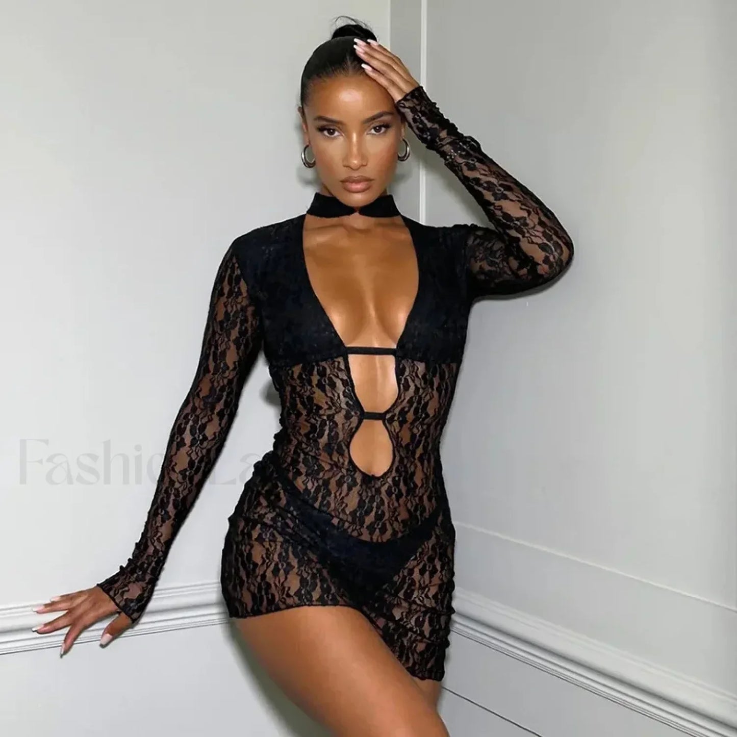 Elegant Lace See Through Sexy Cut Out Long Sleeve Bodycon Wedding Party 2024 Patchwork Summer Mini Dress