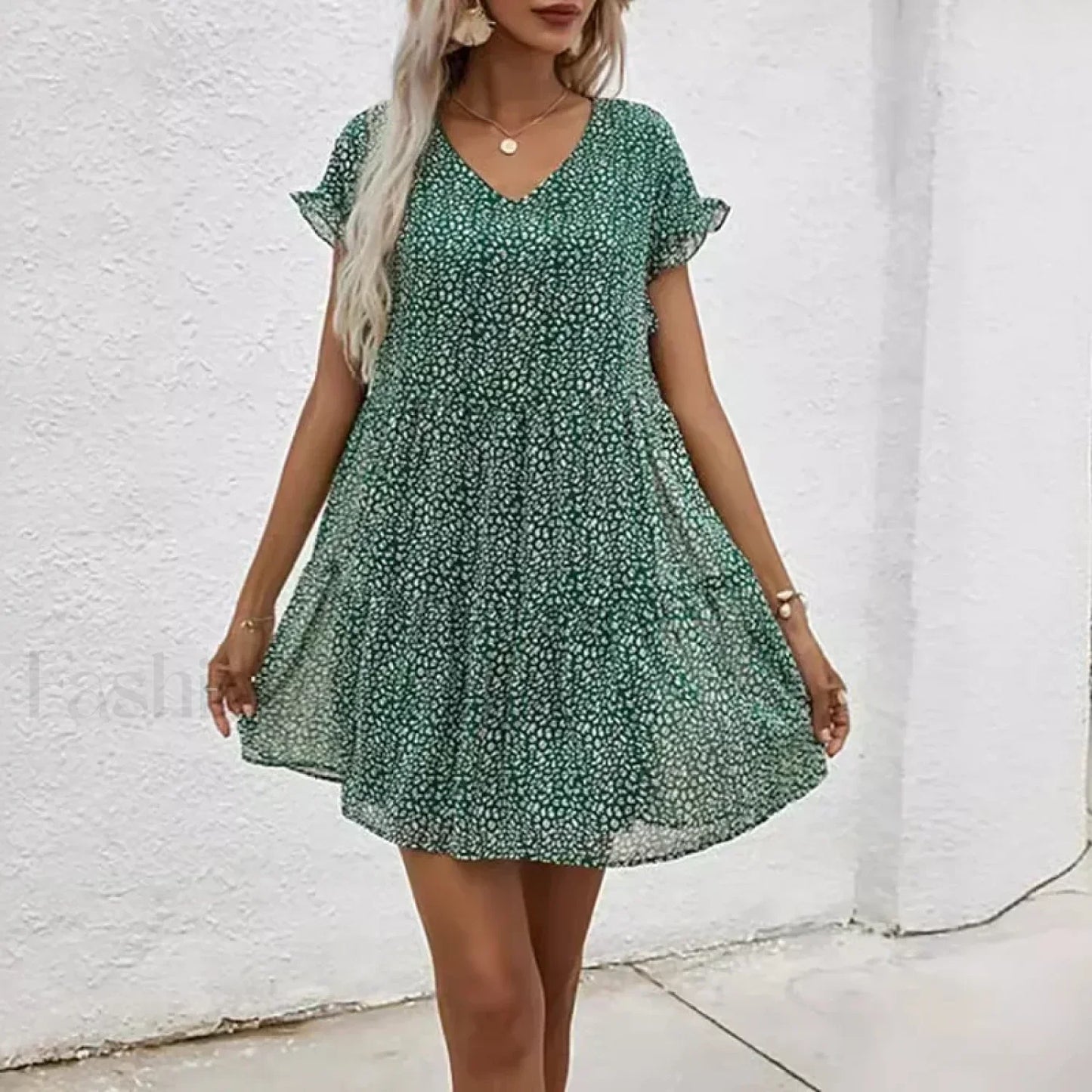 Elegant Leopard Print Floral Prints Summer Women 2024 New Loose V-Neck Ruffled Short Sleeved Mini Dress