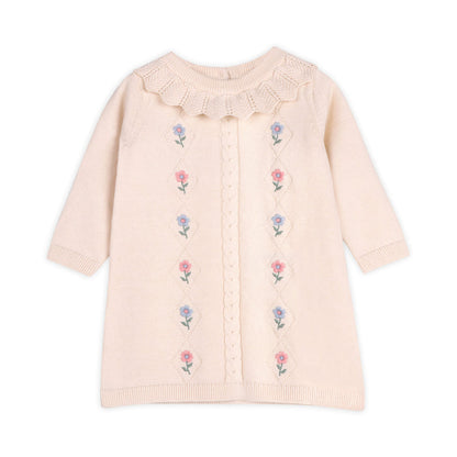 Emma Floral Embroidered Knit Baby Ruffle Dress (Organic Cotton)
