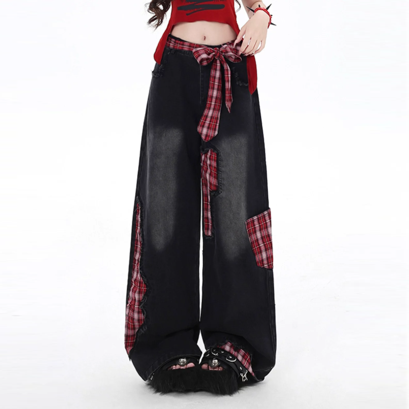 Plaid patchwork raw hem low rise straight leg | Baggy Low Rise Jeans  | Festival Outfits Women