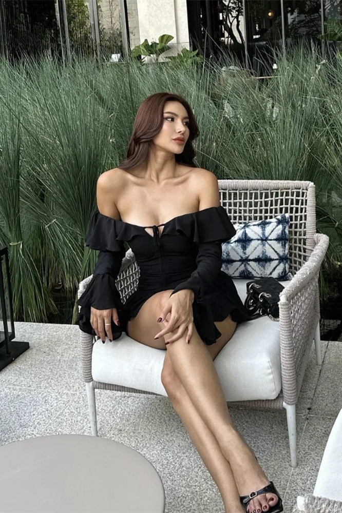 Ruffled Mesh Lace-up Slash Neck Bodycon Mini Dress
