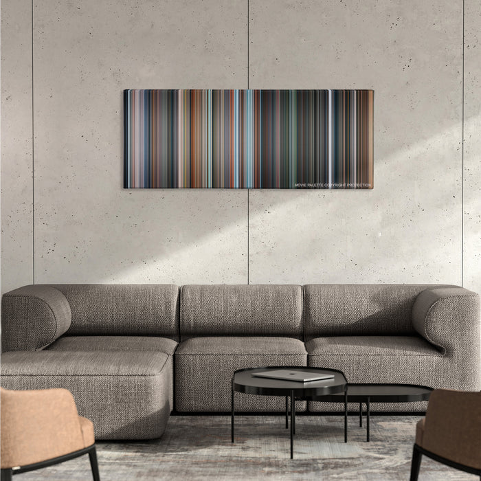 Fantastic 4: Rise of the Silver Surfer color palette canvas on a concrete wall above a gray sectional sofa