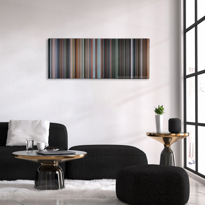Fantastic 4: Rise of the Silver Surfer color palette canvas above a black sofa with a gold-topped table