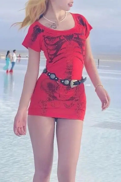 Y2K Subculture Slim Vintage Short Sleeve Mini Dress