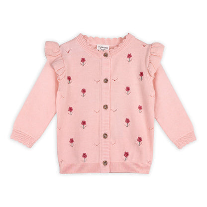 Floral Embroidered Pointelle Knit Baby Cardigan (Organic Cotton)