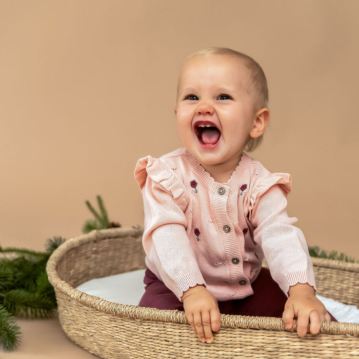 Floral Embroidered Pointelle Knit Baby Cardigan (Organic Cotton)