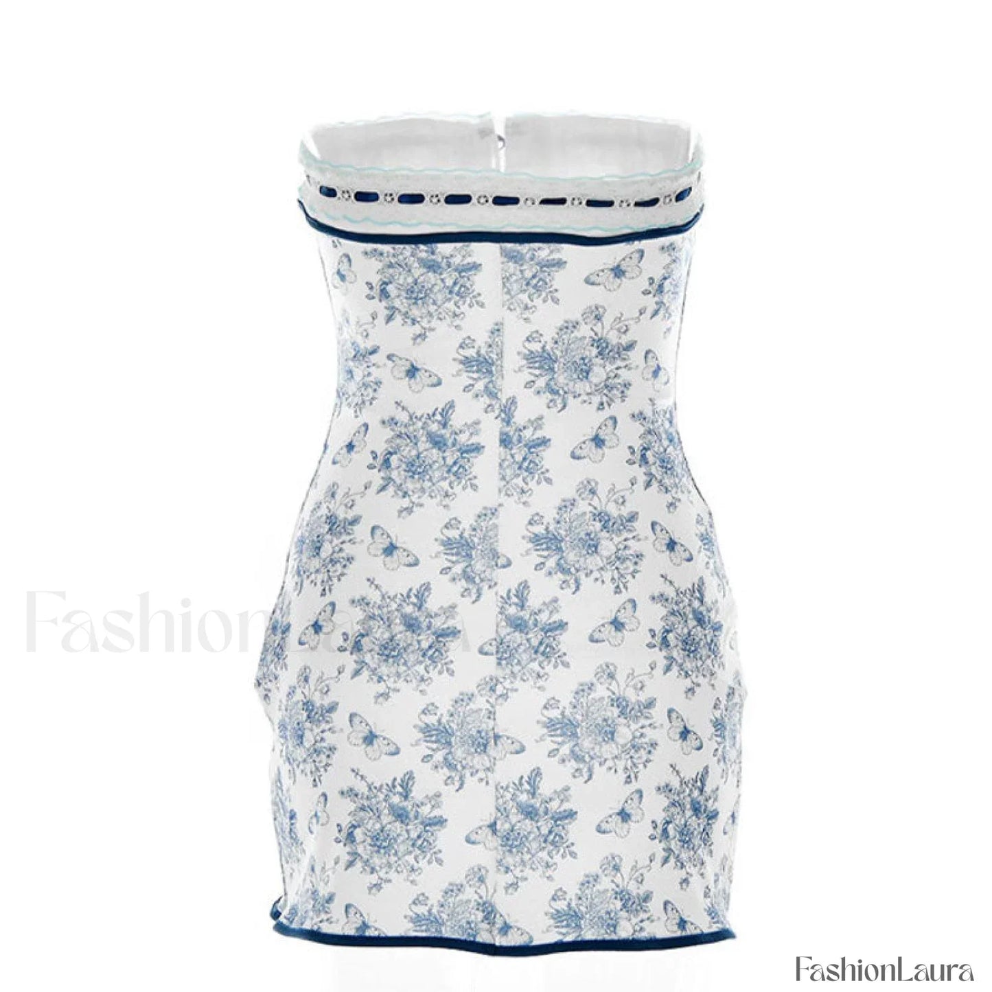 Floral Lace Trim Tie Front Strapless Mini Dress - Blue