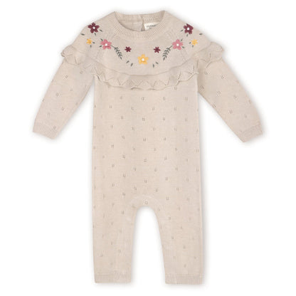 Florence Floral Embroidered & Pointelle Ruffle Baby Jumpsuit (Organic Cotton)