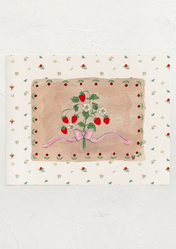An illustrated art print of a strawberry plant tied with pink bow, with floral border.