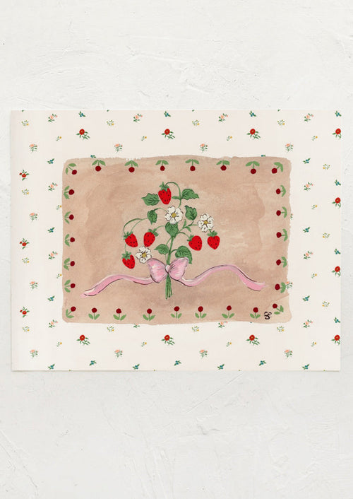 An illustrated art print of a strawberry plant tied with pink bow, with floral border.