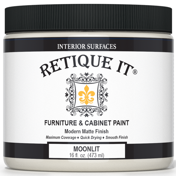Retique It Furniture & Cabinet Paint in Moonlit, 16 fl. oz. jar with a black lid and modern matte finish label.
