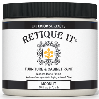 Retique It Furniture & Cabinet Paint in Moonlit, 16 fl. oz. jar with a black lid and modern matte finish label.