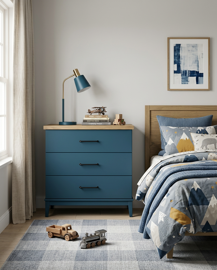 Children's bedroom with blue dresser, bed with mountain-themed bedding, and toys on checkered rug.