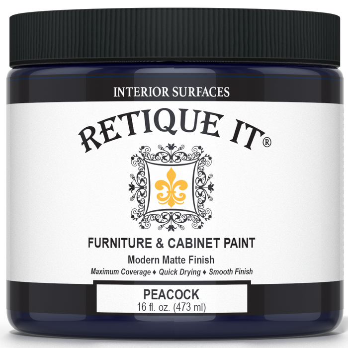 Retique It Furniture & Cabinet Paint in Peacock, 16 fl. oz. jar with a black lid and modern matte finish label.