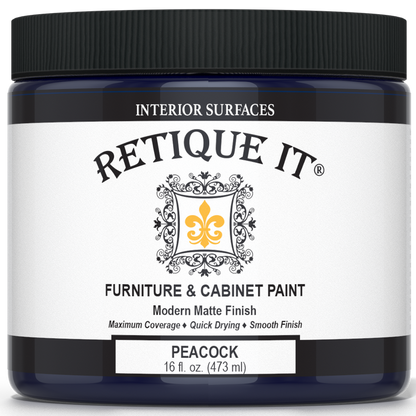 Retique It Furniture & Cabinet Paint in Peacock, 16 fl. oz. jar with a black lid and modern matte finish label.