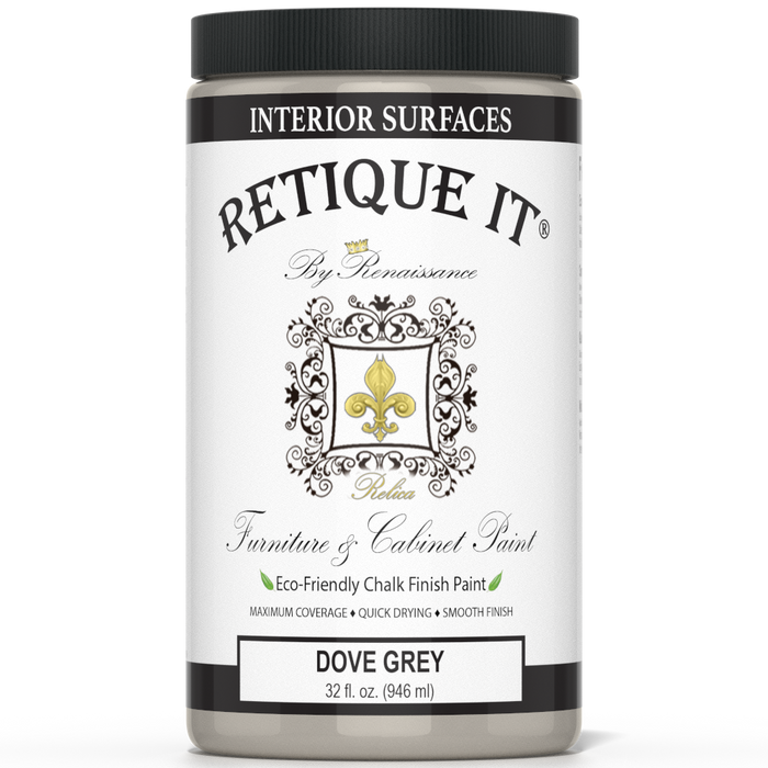 Retique It furniture and cabinet paint in Dove Grey quart, showing smooth brush strokes on a furniture surface.