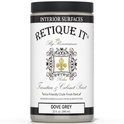 Retique It furniture and cabinet paint in Dove Grey quart, showing smooth brush strokes on a furniture surface.