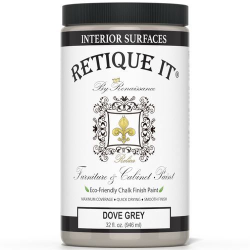 Retique It furniture and cabinet paint in Dove Grey quart, showing smooth brush strokes on a furniture surface.