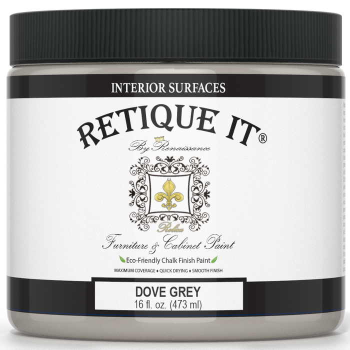 Retique It Dove Grey furniture and cabinet paint in a quart container, showcasing smooth, ready-to-apply interior paint.