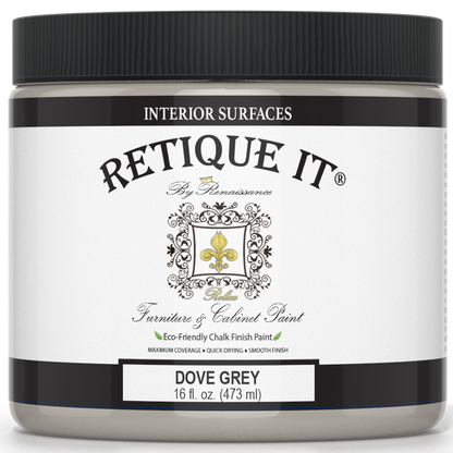 Retique It Dove Grey furniture and cabinet paint in a quart container, showcasing smooth, ready-to-apply interior paint.