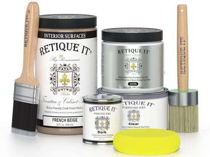 Retique It furniture and cabinet paint in French Beige, shown in a quart container with painted wood furniture.