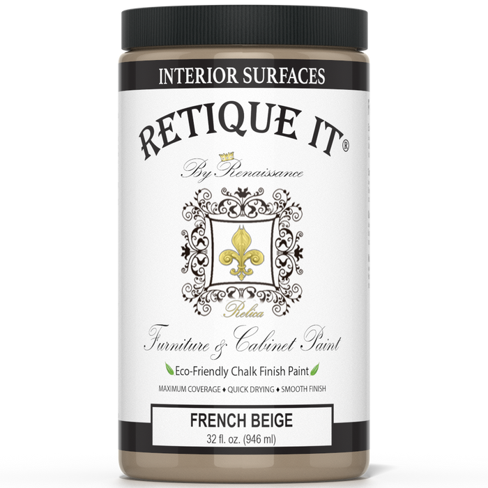 Retique It furniture and cabinet paint in French Beige, quart size, shown on a painted wooden cabinet with a smooth finish.