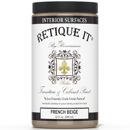 Retique It furniture and cabinet paint in French Beige, quart size, shown on a painted wooden cabinet with a smooth finish.