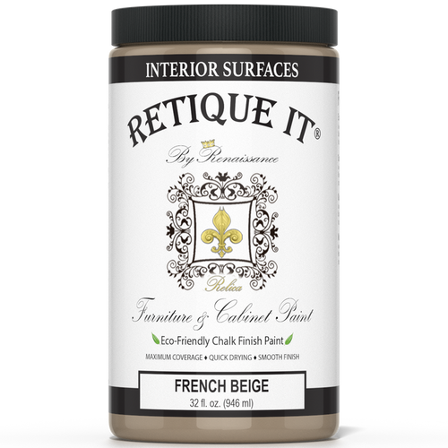 Retique It furniture and cabinet paint in French Beige, quart size, shown on a painted wooden cabinet with a smooth finish.