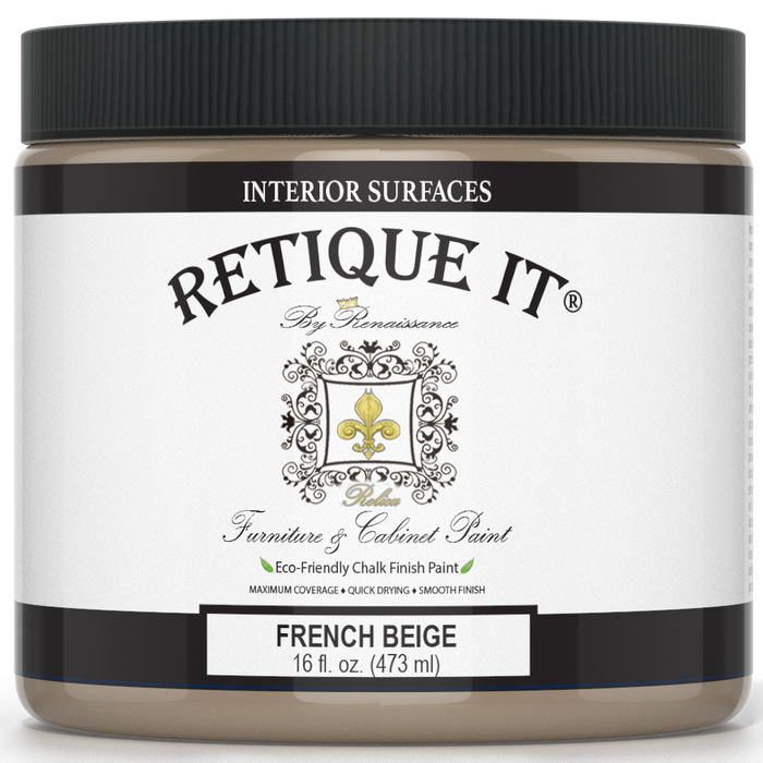 Retique It French Beige furniture and cabinet paint in a quart container, showing a smooth, beige painted surface.