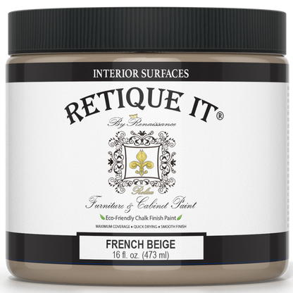 Retique It French Beige furniture and cabinet paint in a quart container, showing a smooth, beige painted surface.