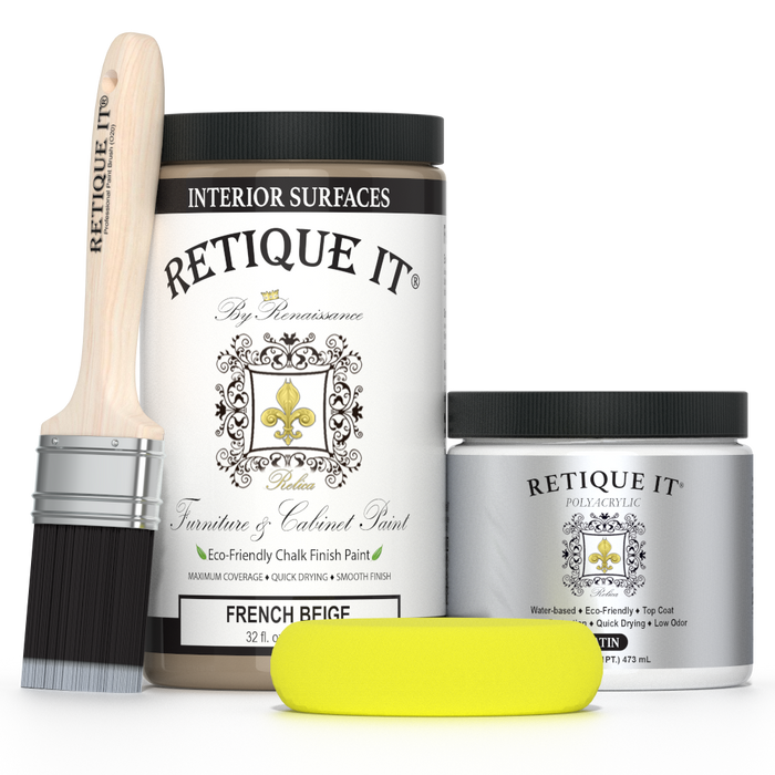 Retique It French Beige furniture and cabinet paint in a quart container, showing a smooth, beige painted surface.