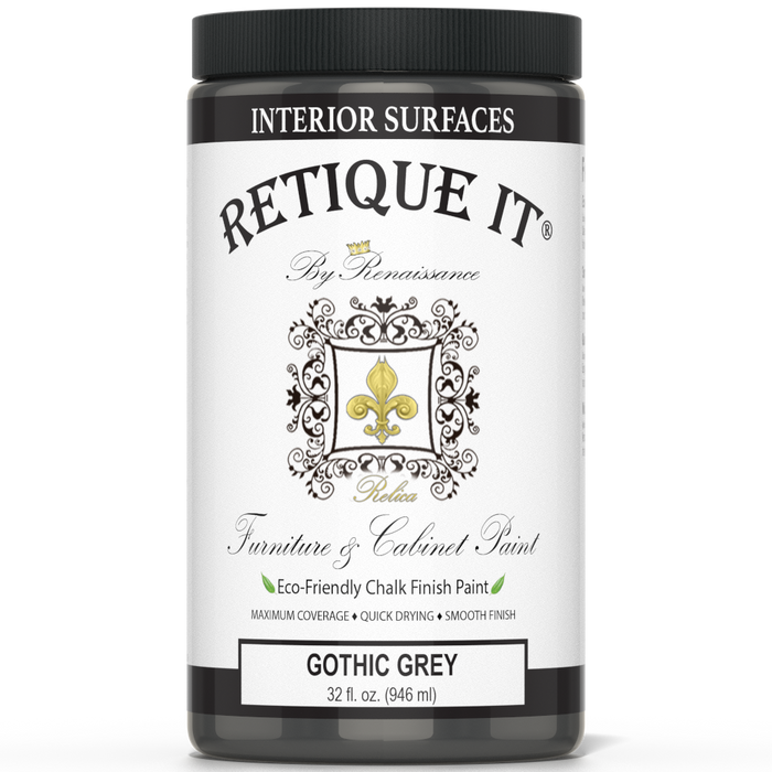 Retique It Gothic Grey furniture and cabinet paint in a quart container, showcasing a smooth, matte grey finish.