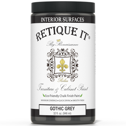 Retique It Gothic Grey furniture and cabinet paint in a quart container, showcasing a smooth, matte grey finish.