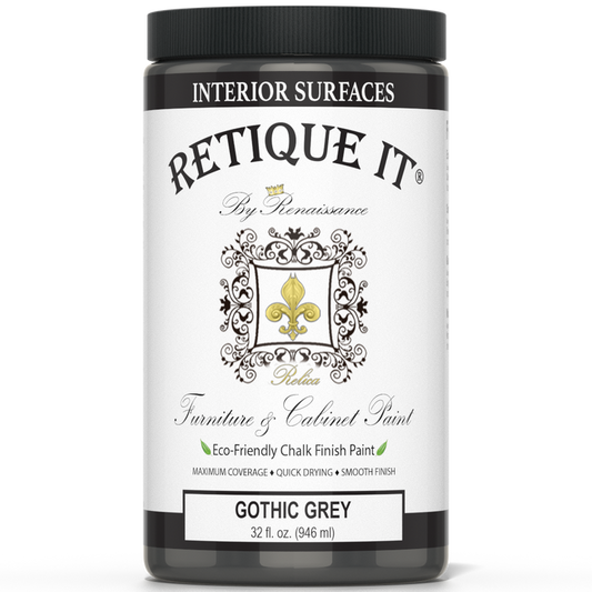 Retique It Gothic Grey furniture and cabinet paint in a quart container, showcasing a smooth, matte grey finish.