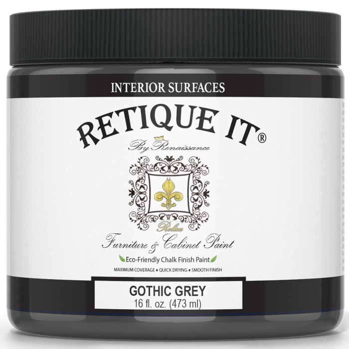 Retique It Gothic Grey furniture and cabinet paint in a quart, showing the smooth paint finish on a wooden surface.