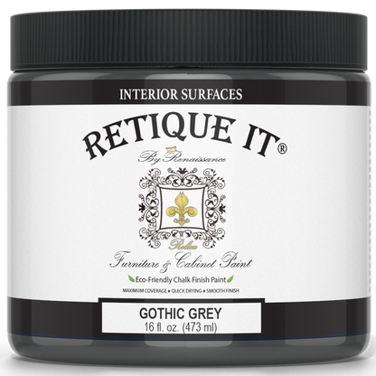 Retique It Gothic Grey furniture and cabinet paint in a quart, showing the smooth paint finish on a wooden surface.