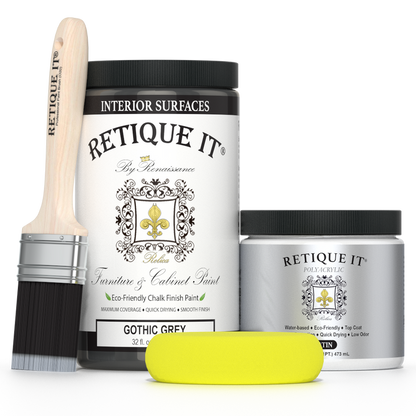 Retique It Gothic Grey furniture and cabinet paint in a quart, showing a smooth, even coat of grey paint on wooden surfaces.